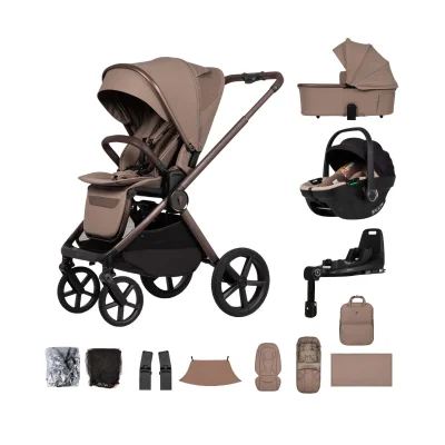 Venicci Upline 3 16 Piece Bundle with Tiago i-Size Car Seat & 360° Isofix Base - Sand/Beige