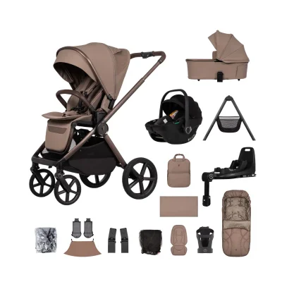 Venicci Upline 3 16 Piece Bundle with Tiago i-Size Car Seat & 360° Isofix Base – Sand/Black