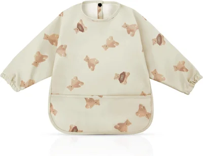 Vicloon Baby Bibs with Sleeves, Long Sleeves PU Waterproof Bibs Unisex Feeding Bibs Apron, Baby Drool Bibs for Infant Toddler - Brown