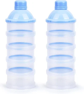 Vicloon Baby Milk Powder Dispenser, 2pcs Portable 5 Layers 100ml per Layer Transparent compartments, Kids Baby Storage Container Stackable Pots, Milk Powder Dispenser & Snack Storage Container - Blue