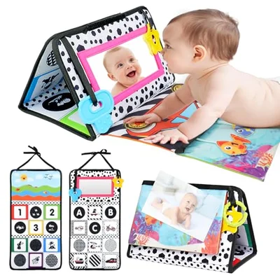 Vicloon Tummy Time Mirror, Baby Mirror Black and White Sensory Toys Tummy Time Activity Mirror, Baby Mirror Toy Safe Foldable with High Contrast Patterns Play and Pat Activity Mat for Newborn Infants