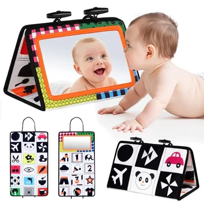 Vicloon Tummy Time Mirror, Baby Mirror Black and White Sensory Toys Tummy Time Activity Mirror, Baby Mirror Toy Safe Foldable with High Contrast Patterns Play and Pat Activity Mat for Newborn Infants - Orange Edge / Small