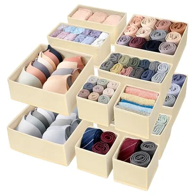 Vivantia 12 Pack Fabric Drawer Organisers for Clothes 3 Sizes Foldable Wardrobe Storage Organiser Bins Underwear Drawer Dividers Clothes Storage Boxes for Socks Ties Shirts Pants, Beige - Beige