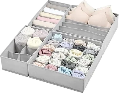 Vtopmart 12 Pack Drawer Organiser Foldable Box - Drawer Dividers Fabric - Wardrobe Storage Organiser for Bras - Underwear, Socks, Baby Clothing - 4Pack-Grey