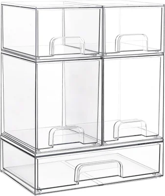 Vtopmart 5 Pack Clear Small Stackable Storage Drawers, Acrylic Bathroom Makeup Organiser, Plastic Storage Box For Vanity, Under Sink, Kitchen Cupboard, Pantry, Home Organization