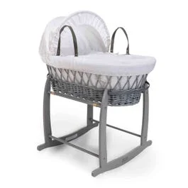 Waffle Grey Wicker Moses Basket in White & Grey Deluxe Rocking Stand - White