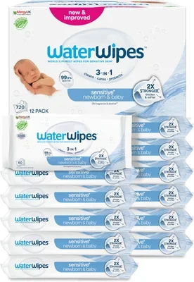 WaterWipes Sensitive+ Newborn & Baby Wipes, 720 Count (12 Packs), 3-In-1 Cleans, Cares, Protects, 99.9% Water, Unscented - 720 Count (12 pack)