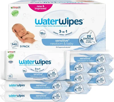 WaterWipes Sensitive+ Newborn & Baby Wipes, 180 Count (3 Packs), 3-In-1 Cleans, Cares, Protects, 99.9% Water, Unscented