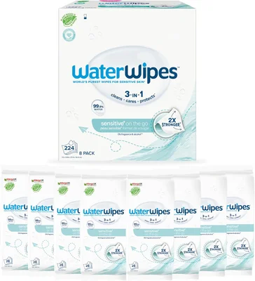 WaterWipes Sensitive+ On The Go Wipes, 224 Count (8 Packs), 3-In-1 Cleans, Cares, Protects, 99.9% Water, Unscented Wet Wipes - Default