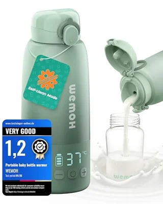 Wemoh Portable Milk Warmer for Travel with Self-Clean Function, Precise Temp Control & 8 Feeds per Charge, 450ML Bottle Warmer On-The-Go Parents, 100W Fast Heating for Breast Milk & Formula & Water