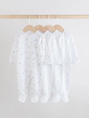 White 4 Pack Popper Baby Sleepsuits (0-2yrs) - White