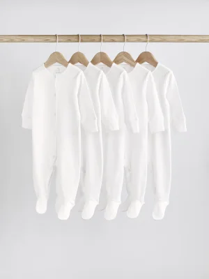White 5 Pack 100% Cotton Baby Sleepsuits (0-18mths) - White