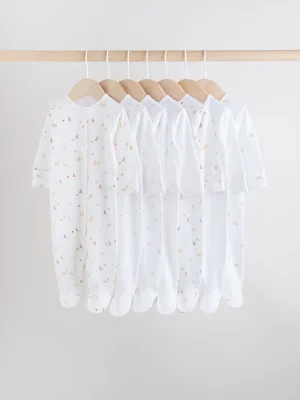 White 7 Pack Popper Baby Sleepsuits (0-2yrs) - White