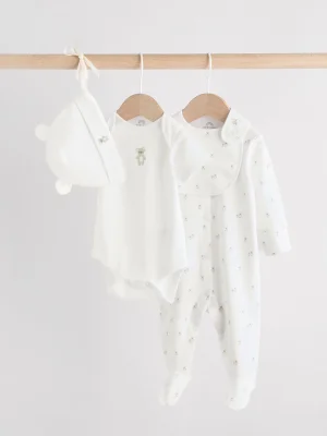 White Baby Sleepsuit, Bodysuit, Beanie and Bib Set 4 Piece (0-9mths) - Size 5lb