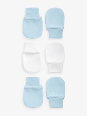 White/Blue Baby Scratch Mitts 3 Pack - White/Blue / Standard