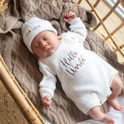 White 'Hello World' Knitted Romper & Hat - Newborn