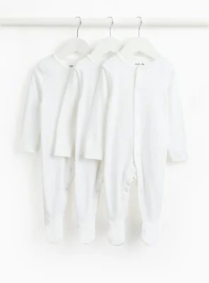White Long Sleeve Sleepsuits 3 Pack Newborn - White / Newborn