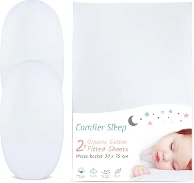 White Moses Basket Sheets 30x76cm - 2 Pack Organic Cotton Soft Pram Sheets Fitted for Baby Bed Comfort - White / 30 x 76 cm
