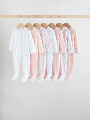 White/Pink 7 Pack Baby Sleepsuit (0-2yrs) - White/Pink