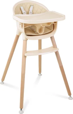 Wooden Baby High Chair,Multi-Functional Convertible High Chair for Babies,Baby Feeding Chair with Dishwasher Safe Removable Tray, Adjustable Footrest, Padded Cushion, 5-Point Harness