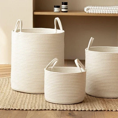 Woven Blanket Basket,Rope Storage Bin with Handles, Organizer for Blankets Toys Book and Clothes, Laundry Basket for Living Room Bedroom Nursery,Oatmeal - White / medium