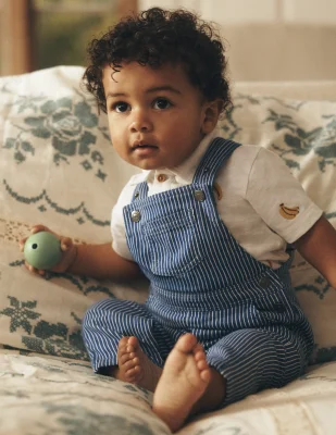 Woven Dungarees-Navy Ticking Stripe