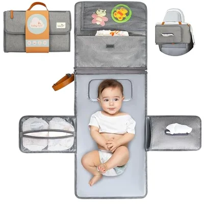 XL Portable Baby Changing Mat The Nappy Changing Pad is a Detachable Bag with 6 Pockets as a Baby Items Toiletry Bag Waterproof Foldable Changing Mat Gift for Newborn - Pack Normal (Gris)