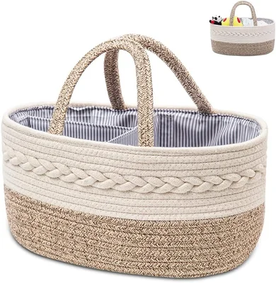 YEONHWA Baby Diaper Caddy Organizer, Woven Rope Cotton Nursery Storage Basket, Portable Handle With Large Changing Compartment Bins, Cream Beige