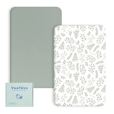 Yoofoss Next to Me Crib Sheets 51 x 85 cm, Ultra Soft Bedside Cot Fitted Sheet Soft & Breathable Microfiber Toddler Bed Mattress Protector 2 Pack - Green and Leaf / 51x85cm