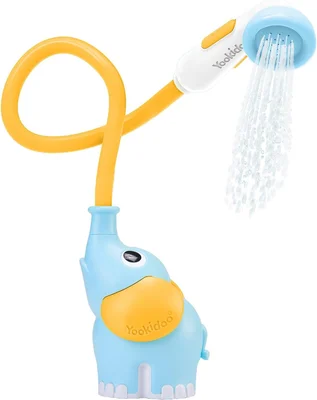 Yookidoo Baby Bath Shower Head - Elephant Water Pump with Trunk Spout Rinser - Blue and Orange
