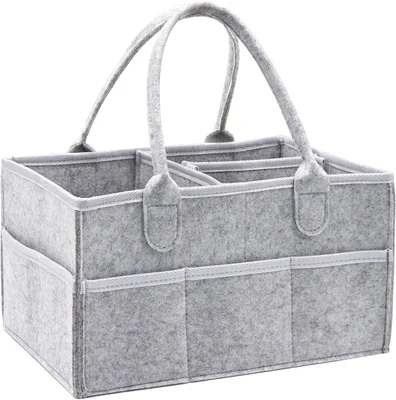 Yueshop Luxury Nappy Caddy Organiser, Upgrade Sturdy Felt Newborn Diaper Caddy Nursery Portable Storage Wipe Bag Detachable Paste Dividers Nappy Caddy Basket Gift For Mum to Be(Upgrade- Grey)