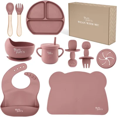 Yum Yum's Baby 10 Pcs Pink Weaning Set - Complete Toddler Feeding Kit w/Sectioned Plate, Suction Bowls, Cutlery with Mouth Guard, Straw Cup, Bib & Mat - Non-Slip - for Toddlers & Baby Gift - Pink / One Size