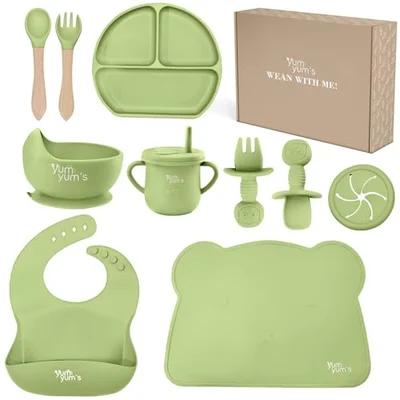 Yum Yum's Baby 10 Pcs Pink Weaning Set - Complete Toddler Feeding Kit w/Sectioned Plate, Suction Bowls, Cutlery with Mouth Guard, Straw Cup, Bib & Mat - Non-Slip - for Toddlers & Baby Gift